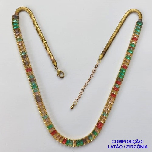 SHOCKER BRUTO PRONTO PARA BANHO(CX61) - CORRENTE 45CM (LACRAIA) COM PEDRAS EM ZIRCÔNIAS COLORIDAS - PESO TOTAL 22.7GR  - FECHO LAGOSTA - BRU10702