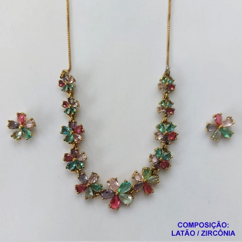 CONJUNTO NO BRUTO PRONTO PARA O BANHO (CX62) COM CORRENTE VENEZIANA DE 45CM - FLORES EM ZIRCÔNIAS COLORIDAS E BRINCO FLOR EM ZIRCÔNIA COLORIDA 11MM - PESO TOTAL 11GR - BRU10704