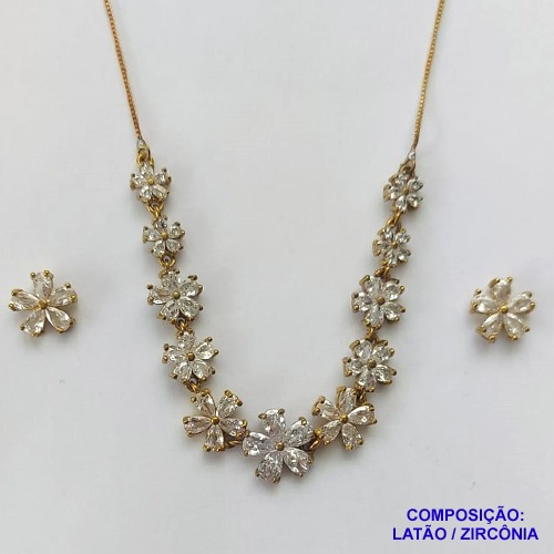 CONJUNTO NO BRUTO PRONTO PARA O BANHO COM CORRENTE VENEZIANA DE 45CM - FLORES EM ZIRCÔNIAS CRISTAIS E BRINCO FLOR EM ZIRCÔNIA CRISTAL 11MM - PESO TOTAL 11GR - BRU10703
