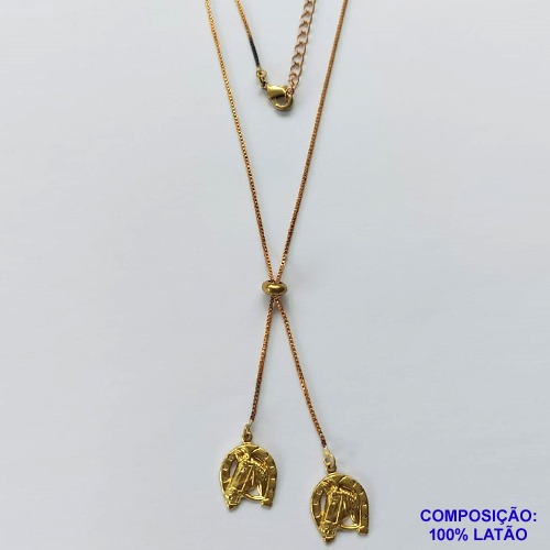 GARGANTILHA NO BRUTO PRONTO PARA O BANHO - COM CORRENTE VENEZIANA DE 45CM + EXTENSOR - " TIPO GRAVATINHA " AJUSTÁVEL - COM DOIS PINGENTES (2515) FERRADURA CAVALO 12MM - PESO TOTAL 3.5GR - BRU10734