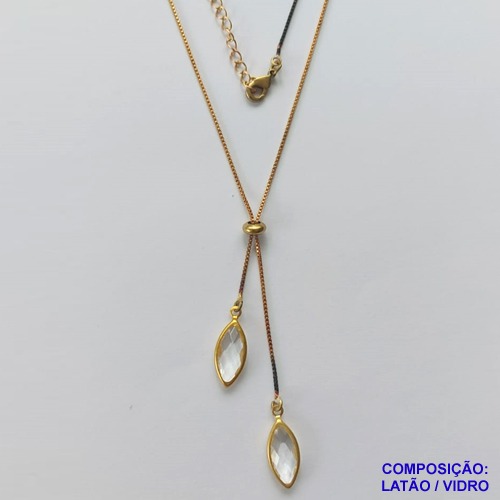 GARGANTILHA NO BRUTO PRONTO PARA O BANHO - COM CORRENTE VENEZIANA DE 45CM + EXTENSOR - " TIPO GRAVATINHA " AJUSTÁVEL - COM DOIS PINGENTES PEDRA CRISTAL 7MM - PESO TOTAL 3.3GR - BRU10735