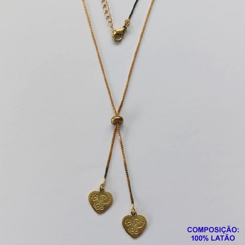 GARGANTILHA NO BRUTO PRONTO PARA O BANHO - COM CORRENTE VENEZIANA DE 45CM + EXTENSOR - " TIPO GRAVATINHA " AJUSTÁVEL - COM DOIS PINGENTES CORAÇÃO PET 10MM - PESO TOTAL 3.5GR - BRU10737