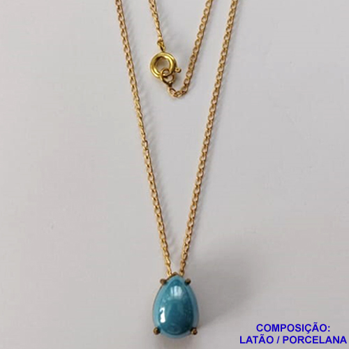 GARGANTILHA NO BRUTO PRONTA PARA O BANHO (CX64) - GARGANTILHA COM CORRENTE 45CM - PINGENTE EM PORCELANA 9X13MM AZUL - COMPOSIÇÃO LATÃO / PORCELANA - PESO TOTAL: 2,9GR - BRU10838
