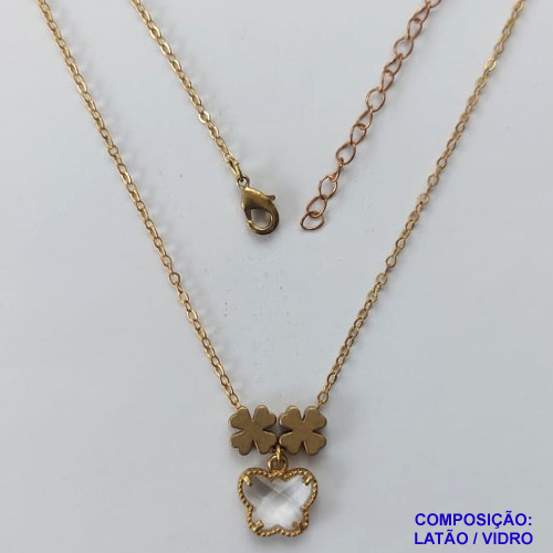 GARGANTILHA NO BRUTO PRONTO PARA O BANHO - COM CORRENTE CADEADO DE 45CM - PINGENTE TIPO VAN CLEEF CRISTAL 10MM - PESO TOTAL 3,5GR - BRU10861