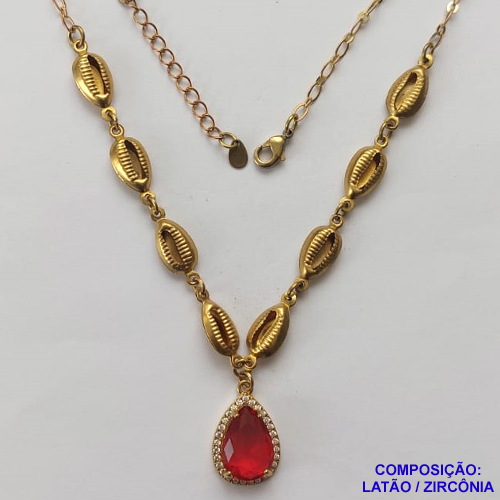 GARGANTILHA NO BRUTO PRONTO PARA O BANHO - CORRENTE DE 45CM COM CONCHAS E PINGENTE EM ZIRCÔNIA VERMELHA 8X12MM E BASE CRAVEJADA EM MICROS ZIRCÔNIAS - PESO TOTAL 6,7GR - BRU10863