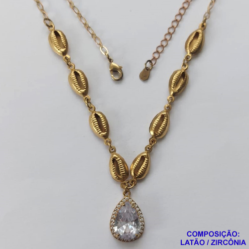 GARGANTILHA NO BRUTO PRONTO PARA O BANHO - CORRENTE DE 45CM COM CONCHAS E PINGENTE EM ZIRCÔNIA CRISTAL 8X12MM E BASE CRAVEJADA EM MICROS ZIRCÔNIAS - PESO TOTAL 6,7GR - BRU10864