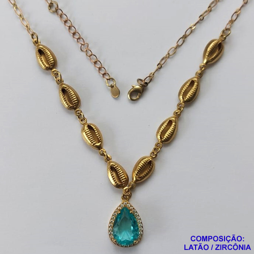 GARGANTILHA NO BRUTO PRONTO PARA O BANHO - CORRENTE DE 45CM COM CONCHAS E PINGENTE EM ZIRCÔNIA AZUL 8X12MM E BASE CRAVEJADA EM MICROS ZIRCÔNIAS - PESO TOTAL 6,7GR - BRU10865