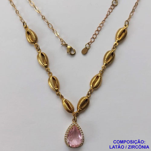 GARGANTILHA NO BRUTO PRONTO PARA O BANHO - CORRENTE DE 45CM COM CONCHAS E PINGENTE EM ZIRCÔNIA ROSA 8X12MM E BASE CRAVEJADA EM MICROS ZIRCÔNIAS - PESO TOTAL 6,7GR - BRU10866