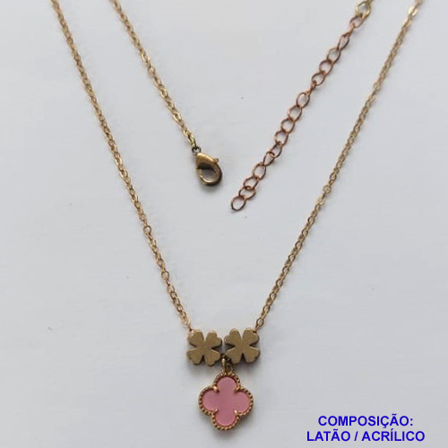 GARGANTILHA NO BRUTO PRONTO PARA O BANHO - COM CORRENTE CADEADO DE 45CM - PINGENTE TIPO VAN CLEEF ROSA 10MM - PESO TOTAL 3,5GR - BRU10873