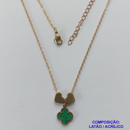 GARGANTILHA NO BRUTO PRONTO PARA O BANHO - COM CORRENTE CADEADO DE 45CM - PINGENTE TIPO VAN CLEEF VERDE 10MM - PESO TOTAL 3,5GR - BRU10874