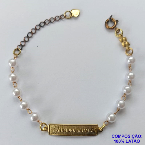PULSEIRA NO BRUTO PRONTO PARA O BANHO - (CX64) PULSEIRA INFANTIL COM PÉROLAS E CHAPINHA - TAMANHO 13CM + EXTENSOR - PESO 2,2GR - FECHO REDONDO - BRU10877