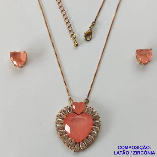 CONJUNTO NO BRUTO PRONTO PARA O BANHO - (CX64) CONJUNTO COM CORRENTE VENEZIANA 45CM - PINGENTE ZIRCÔNIA SALMÃO COM BASE CRAVEJADA COM MICRO ZIRCÔNIAS CRISTAIS E BRINCOS DE PINO COM ZIRCÔNIA - COMPOSIÇÃO: LATÃO E ZIRCÔNIA - PESO TOTAL 14GR -  BRU10883