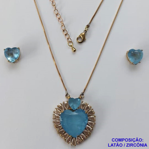 CONJUNTO NO BRUTO PRONTO PARA O BANHO - (CX64) CONJUNTO COM CORRENTE VENEZIANA 45CM - PINGENTE ZIRCÔNIA AZUL COM BASE CRAVEJADA COM MICRO ZIRCÔNIAS CRISTAIS E BRINCOS DE PINO COM ZIRCÔNIA - COMPOSIÇÃO: LATÃO E ZIRCÔNIA - PESO TOTAL 14GR -  BRU10885