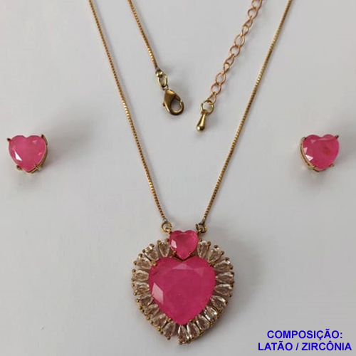 CONJUNTO NO BRUTO PRONTO PARA O BANHO - CONJUNTO COM CORRENTE VENEZIANA 45CM - PINGENTE ZIRCÔNIA ROSA COM BASE CRAVEJADA COM MICRO ZIRCÔNIAS CRISTAIS E BRINCOS DE PINO COM ZIRCÔNIA - COMPOSIÇÃO: LATÃO E ZIRCÔNIA - PESO TOTAL 14GR -  BRU10886