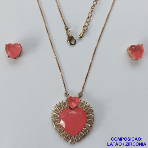 CONJUNTO NO BRUTO PRONTO PARA O BANHO - (CX64) CONJUNTO COM CORRENTE VENEZIANA 45CM - PINGENTE ZIRCÔNIA VERMELHA COM BASE CRAVEJADA COM MICRO ZIRCÔNIAS CRISTAIS E BRINCOS DE PINO COM ZIRCÔNIA - COMPOSIÇÃO: LATÃO E ZIRCÔNIA - PESO TOTAL 14GR -  BRU10888