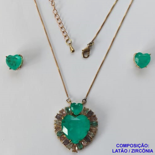 CONJUNTO NO BRUTO PRONTO PARA O BANHO - (CX64) CONJUNTO COM CORRENTE VENEZIANA 45CM - PINGENTE ZIRCÔNIA VERDE COM BASE CRAVEJADA COM MICRO ZIRCÔNIAS COLORIDAS E BRINCOS DE PINO COM ZIRCÔNIA - COMPOSIÇÃO: LATÃO E ZIRCÔNIA - PESO TOTAL 14GR -  BRU10889