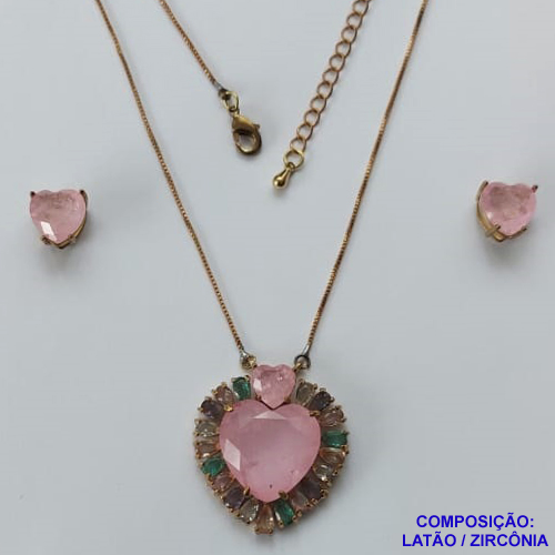 CONJUNTO NO BRUTO PRONTO PARA O BANHO - (CX64) CONJUNTO COM CORRENTE VENEZIANA 45CM - PINGENTE ZIRCÔNIA ROSA COM BASE CRAVEJADA COM MICRO ZIRCÔNIAS COLORIDAS E BRINCOS DE PINO COM ZIRCÔNIA - COMPOSIÇÃO: LATÃO E ZIRCÔNIA - PESO TOTAL 14GR -  BRU10890