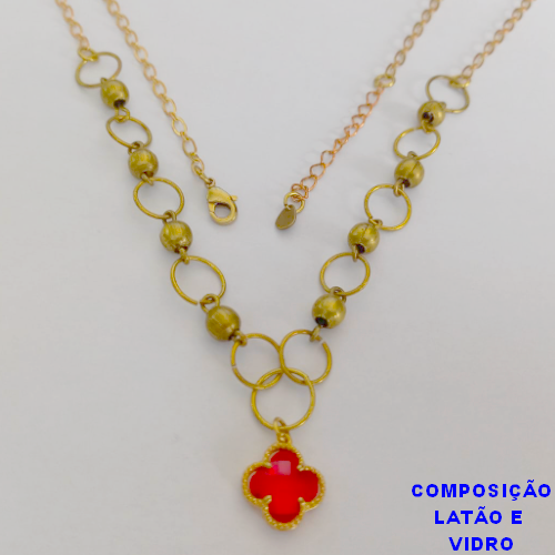 GARGANTILHA NO BRUTO PRONTO PARA O BANHO - (CX64) COM PINGENTE DE trevo em vidro - TAMANHO 45CM+EXTENSOR - PESO TOTAL 6.7GR - COMPOSIÇÃO 100% LATÃO - BRU10892