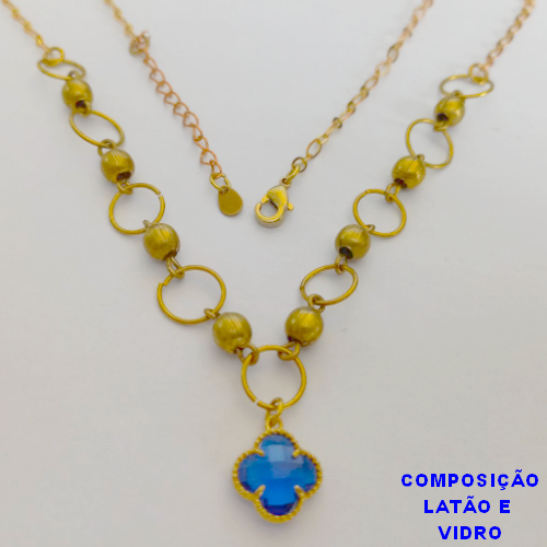 GARGANTILHA NO BRUTO PRONTO PARA O BANHO - (CX64) COM PINGENTE DE trevo em vidro - TAMANHO 45CM+EXTENSOR - PESO TOTAL 6.7GR - COMPOSIÇÃO 100% LATÃO - BRU10893