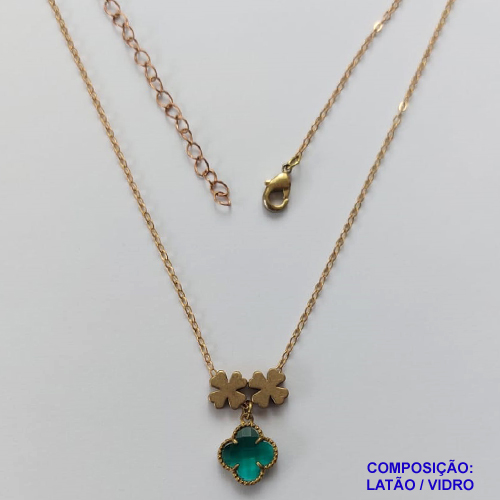 GARGANTILHA NO BRUTO PRONTO PARA O BANHO - COM CORRENTE CADEADO DE 45CM - PINGENTE TIPO VAN CLEEF VERDE 10MM - PESO TOTAL 3,5GR - BRU10905