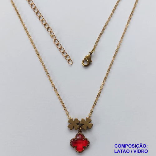 GARGANTILHA NO BRUTO PRONTO PARA O BANHO - COM CORRENTE CADEADO DE 45CM - PINGENTE TIPO VAN CLEEF VERMELHO 10MM - PESO TOTAL 3,5GR - BRU10906