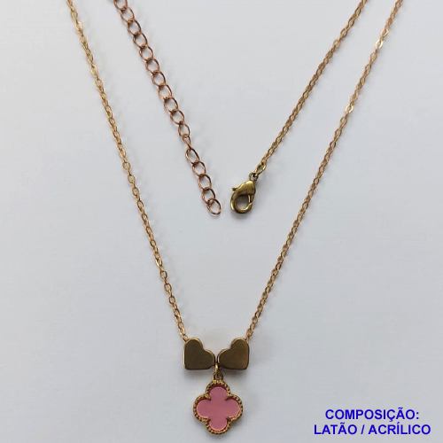 GARGANTILHA NO BRUTO PRONTO PARA O BANHO - COM CORRENTE CADEADO DE 45CM - PINGENTE TIPO VAN CLEEF ROSA 10MM - PESO TOTAL 3,5GR - BRU10908