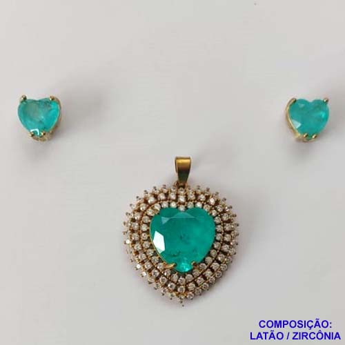 CONJUNTO NO BRUTO PRONTO PARA O BANHO - (SEM CORRENTE) - PINGENTE ZIRCÔNIA VERDE COM BASE CRAVEJADA COM MICRO ZIRCÔNIAS CRISTAIS E BRINCOS DE PINO COM ZIRCÔNIA - COMPOSIÇÃO: LATÃO E ZIRCÔNIA - PESO TOTAL 11GR -  BRU10915