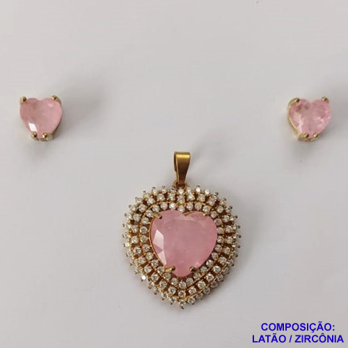 CONJUNTO NO BRUTO PRONTO PARA O BANHO - (SEM CORRENTE) - PINGENTE ZIRCÔNIA ROSA COM BASE CRAVEJADA COM MICRO ZIRCÔNIAS CRISTAIS E BRINCOS DE PINO COM ZIRCÔNIA - COMPOSIÇÃO: LATÃO E ZIRCÔNIA - PESO TOTAL 11GR -  BRU10916