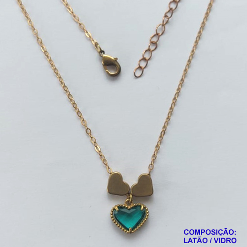 GARGANTILHA NO BRUTO PRONTO PARA O BANHO - COM CORRENTE CADEADO DE 45CM - PINGENTE TIPO VAN CLEEF CORAÇÃO VERDE 10MM - PESO TOTAL 3,5GR - BRU10925