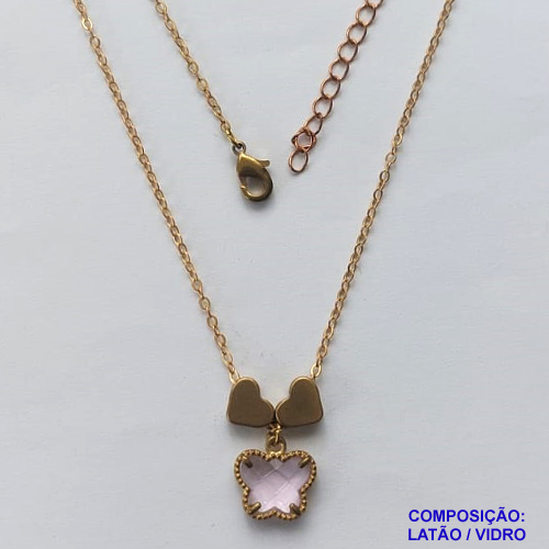 GARGANTILHA NO BRUTO PRONTO PARA O BANHO - COM CORRENTE CADEADO DE 45CM - PINGENTE TIPO VAN CLEEF BORBOLETA ROSA 10MM - PESO TOTAL 3,5GR - BRU10926