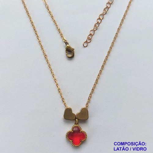 GARGANTILHA NO BRUTO PRONTO PARA O BANHO - COM CORRENTE CADEADO DE 45CM - PINGENTE TIPO VAN CLEEF VERMELHO 10MM - PESO TOTAL 3,5GR - BRU10927