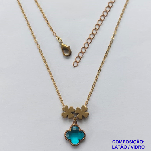GARGANTILHA NO BRUTO PRONTO PARA O BANHO - COM CORRENTE CADEADO DE 45CM - PINGENTE TIPO VAN CLEEF AZUL 10MM - PESO TOTAL 3,5GR - BRU10928