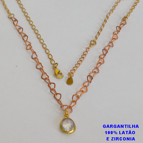 GARGANTILHA NO BRUTO PRONTO PARA O BANHO - COM CORRENTE DE CORAÇÃO EDOIS EM UM - COM PINGENTE DE ZIRCONIA GOTA 8X10MM -  PESO TOTAL 3,8GR - TAMANHO 50CM -BRU10955