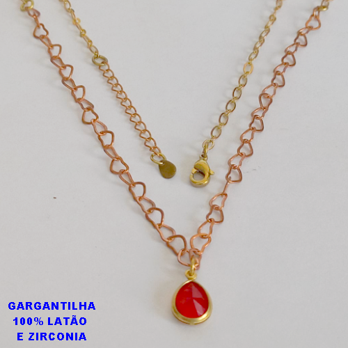 GARGANTILHA NO BRUTO PRONTO PARA O BANHO - COM CORRENTE DE CORAÇÃO EDOIS EM UM - COM PINGENTE DE ZIRCONIA GOTA 8X10MM -  PESO TOTAL 3,8GR - TAMANHO 50CM -BRU10957