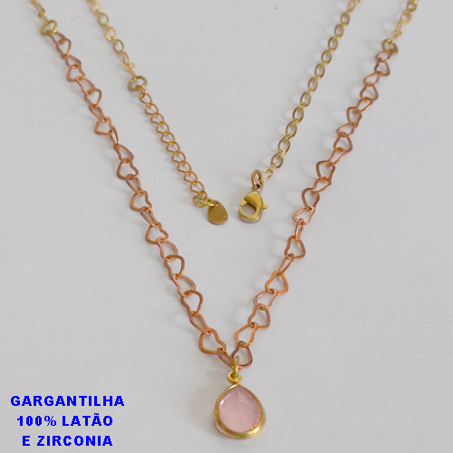 GARGANTILHA NO BRUTO PRONTO PARA O BANHO - COM CORRENTE DE CORAÇÃO EDOIS EM UM - COM PINGENTE DE ZIRCONIA GOTA 8X10MM -  PESO TOTAL 3,8GR - TAMANHO 50CM -BRU10958