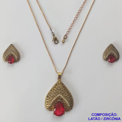 CONJUNTO NO BRUTO PRONTO PARA O BANHO(TTUU)(CXO1) CORRENTE VENEZIANA 45CM - PINGENTE VAZADO COM ZIRCÔNIA VERMELHA E BASE CRAVEJADA COM MICRO ZIRCÔNIAS CRISTAIS E BRINCOS DE PINO COM ZIRCÔNIA - COMPOSIÇÃO: LATÃO E ZIRCÔNIA - PESO TOTAL 11,7GR - BRU11200