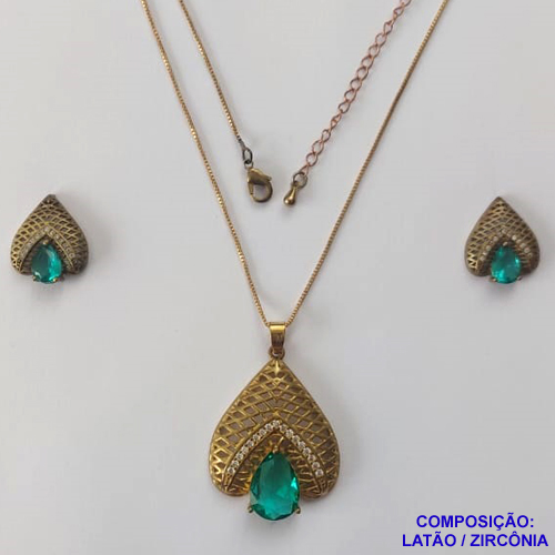 CONJUNTO NO BRUTO PRONTO PARA O BANHO(TTUU) -  COM CORRENTE VENEZIANA 45CM - PINGENTE VAZADO COM ZIRCÔNIA VERDE E BASE CRAVEJADA COM MICRO ZIRCÔNIAS CRISTAIS E BRINCOS DE PINO COM ZIRCÔNIA - COMPOSIÇÃO: LATÃO E ZIRCÔNIA - PESO TOTAL 11,7GR - BRU11201