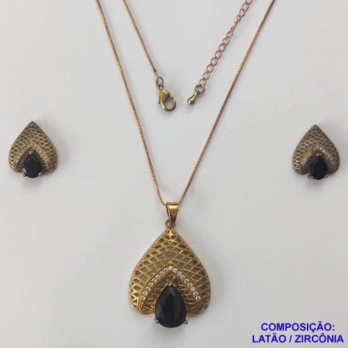 CONJUNTO NO BRUTO PRONTO PARA O BANHO(TTUU)(CX01) COM CORRENTE VENEZIANA 45CM - PINGENTE VAZADO COM ZIRCÔNIA PRETA E BASE CRAVEJADA COM MICRO ZIRCÔNIAS CRISTAIS E BRINCOS DE PINO COM ZIRCÔNIA - COMPOSIÇÃO: LATÃO E ZIRCÔNIA - PESO TOTAL 11,7GR - BRU11202
