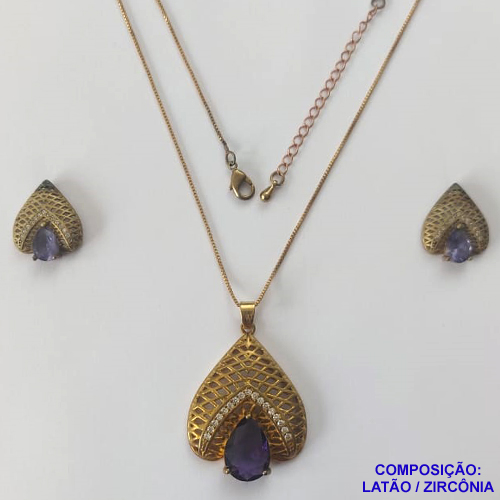 CONJUNTO NO BRUTO PRONTO PARA O BANHO - CONJUNTO COM CORRENTE VENEZIANA 45CM - PINGENTE VAZADO COM ZIRCÔNIA ROXA E BASE CRAVEJADA COM MICRO ZIRCÔNIAS CRISTAIS E BRINCOS DE PINO COM ZIRCÔNIA - COMPOSIÇÃO: LATÃO E ZIRCÔNIA - PESO TOTAL 11,7GR - BRU11205