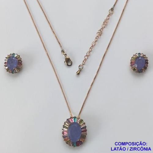 CONJUNTO NO BRUTO PRONTO PARA O BANHO(TTUU)(CX01) COM CORRENTE VENEZIANA 45CM - PINGENTE COM ZIRCÔNIA LILÁS E BASE CRAVEJADA COM MICRO ZIRCÔNIAS COLORIDAS E BRINCOS DE PINO COM ZIRCÔNIA - COMPOSIÇÃO: LATÃO E ZIRCÔNIA - PESO TOTAL 10,4GR - BRU11209