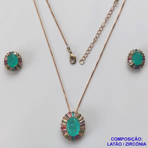 CONJUNTO NO BRUTO PRONTO PARA O BANHO(TTUU)(CX01) COM CORRENTE VENEZIANA 45CM - PINGENTE COM ZIRCÔNIA VERDE E BASE CRAVEJADA COM MICRO ZIRCÔNIAS COLORIDAS E BRINCOS DE PINO COM ZIRCÔNIA - COMPOSIÇÃO: LATÃO E ZIRCÔNIA - PESO TOTAL 10,4GR - BRU11212