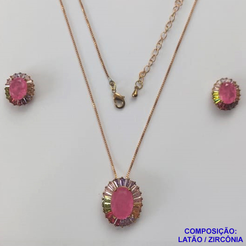 CONJUNTO NO BRUTO PRONTO PARA O BANHO(TTUU)(CX01) - CONJUNTO CORRENTE VENEZIANA 45CM - PINGENTE COM ZIRCÔNIA LILÁS E BASE CRAVEJADA COM MICRO ZIRCÔNIAS COLORIDAS E BRINCOS DE PINO COM ZIRCÔNIA - COMPOSIÇÃO: LATÃO E ZIRCÔNIA - PESO TOTAL 10,4GR - BRU11214