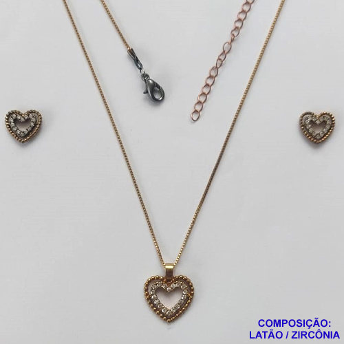 CONJUNTO NO BRUTO PRONTO PARA O BANHO(TTUU)(CX01) - CONJUNTO COM CORRENTE VENEZIANA 45CM - PINGENTE CORAÇÃO CRAVEJADO EM MICRO ZIRCÔNIAS CRISTAIS E BRINCOS DE PINO COM MICROS ZIRCÔNIAS - COMPOSIÇÃO: LATÃO E ZIRCÔNIA - PESO TOTAL 5,2GR - BRU11215