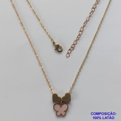 GARGANTILHA NO BRUTO PRONTO PARA O BANHO - COM CORRENTE CADEADO DE 45CM - PINGENTE TIPO VAN CLEEF ROSA 10MM - PESO TOTAL 3,5GR - BRU11217