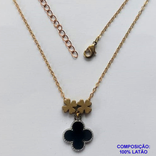 GARGANTILHA NO BRUTO PRONTO PARA O BANHO - COM CORRENTE CADEADO DE 45CM - PINGENTE TIPO VAN CLEEF PRETO 10MM - PESO TOTAL 3,5GR - BRU11219