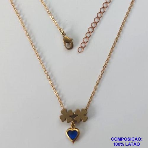 GARGANTILHA NO BRUTO PRONTO PARA O BANHO - COM CORRENTE CADEADO DE 45CM - PINGENTE CORAÇÃO AZUL 6MM EM VIDRO  -  PESO TOTAL 2,7GR - COMPOSIÇÃO: LATÃO / VIDRO - BRU11220