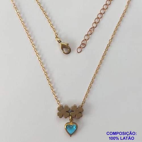 GARGANTILHA NO BRUTO PRONTO PARA O BANHO - COM CORRENTE CADEADO DE 45CM - PINGENTE CORAÇÃO AZUL CLARO 6MM EM VIDRO  -  PESO TOTAL 2,7GR - COMPOSIÇÃO: LATÃO / VIDRO - BRU11221