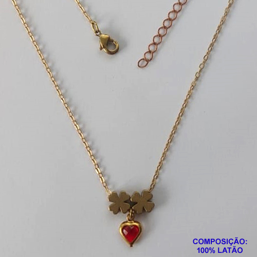 GARGANTILHA NO BRUTO PRONTO PARA O BANHO - COM CORRENTE CADEADO DE 45CM - PINGENTE CORAÇÃO VERMELHO 6MM EM VIDRO  -  PESO TOTAL 2,7GR - COMPOSIÇÃO: LATÃO / VIDRO - BRU11222