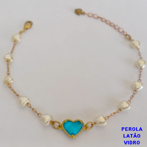 PULSEIRA NO PRUTO PRONTO PARA O BANHO(TODA EM  PEROLA  DE CORAÇÃO DE 18CM (COM CORAÇÃO DE VIDRO) - TOTAL 5.2GR - BRU10982