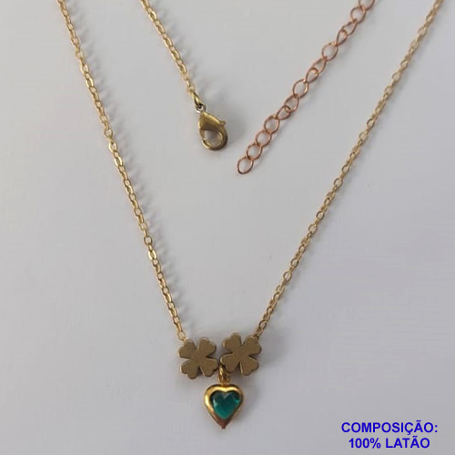 GARGANTILHA NO BRUTO PRONTO PARA O BANHO - COM CORRENTE CADEADO DE 45CM - PINGENTE CORAÇÃO VERDE 6MM EM VIDRO  -  PESO TOTAL 2,7GR - COMPOSIÇÃO: LATÃO / VIDRO - BRU11223